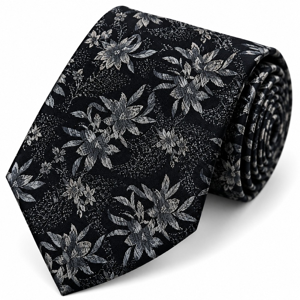 Stafford Men's Necktie Black/Silver Floral Pattern 100% Silk W4